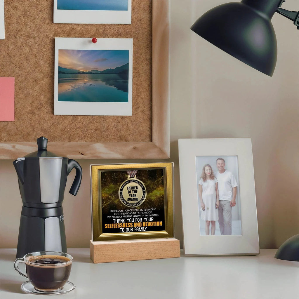 Father of the Year Award Acrylic Plaque with LED Light Base – Funny Best Dad Ever Gift from Kids – Selflessness and Devotion Tribute – Father's Day Display Sign – USB or Battery Option