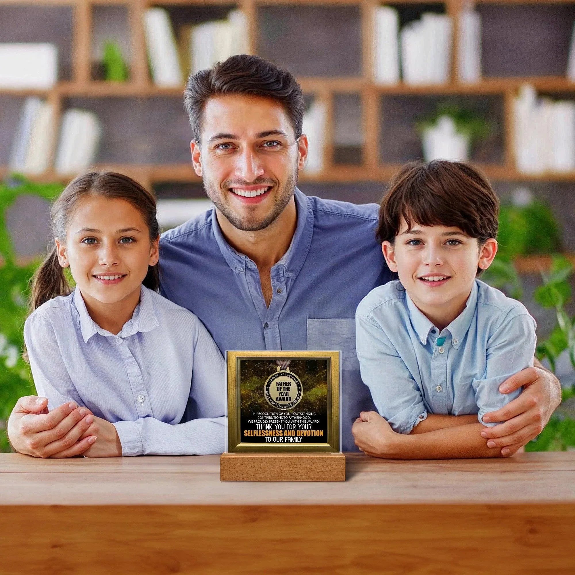 Father of the Year Award Acrylic Plaque with LED Light Base – Funny Best Dad Ever Gift from Kids – Selflessness and Devotion Tribute – Father's Day Display Sign – USB or Battery Option