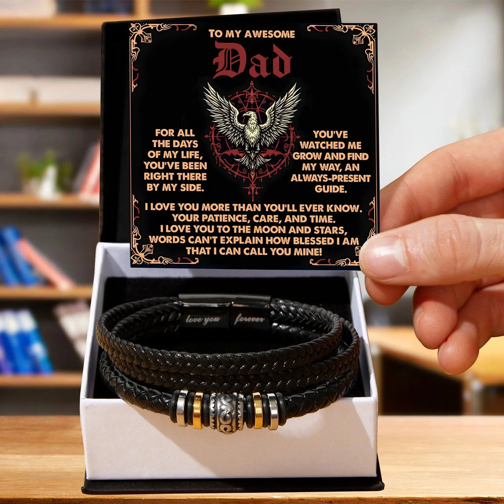 To My Awesome Dad Vegan Leather Bracelet Birthday, Father's Day Gift with Norse-Inspired “Always Present Guide" Message Card -