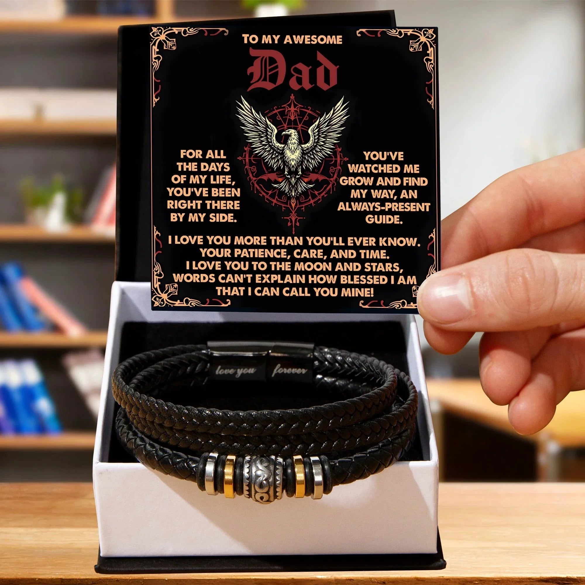 To My Awesome Dad Vegan Leather Bracelet Birthday, Father's Day Gift with Norse-Inspired “Always Present Guide" Message Card -