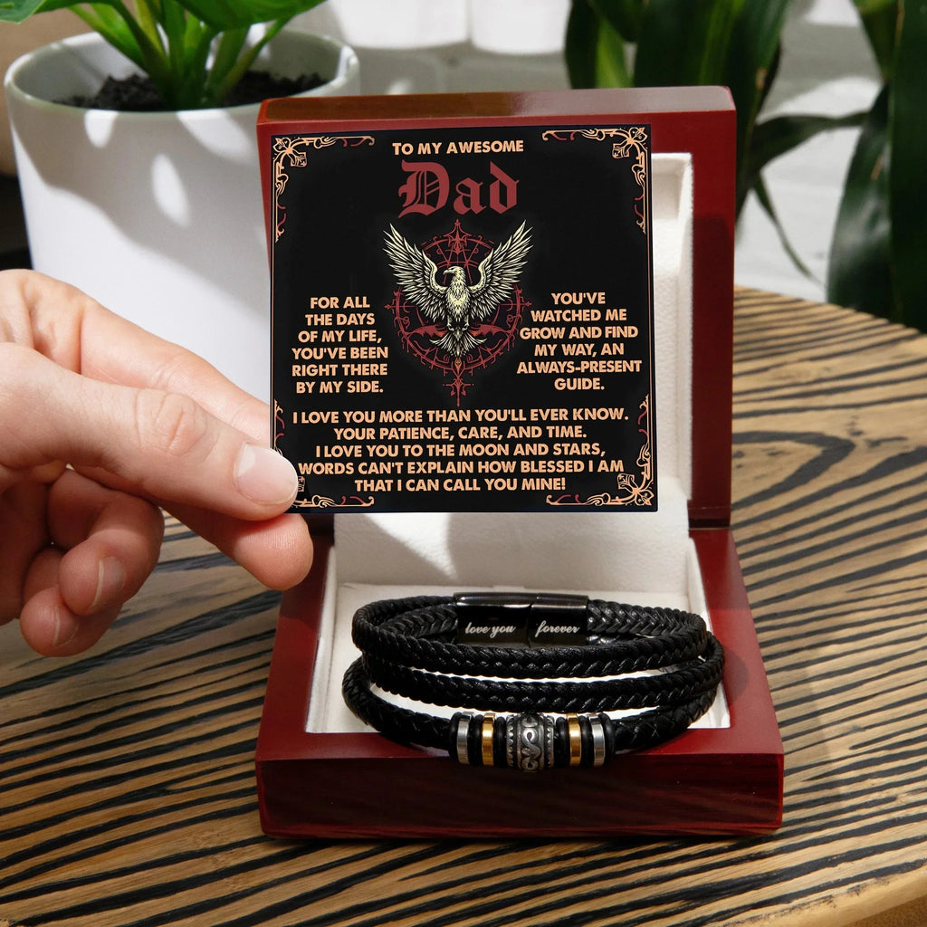 To My Awesome Dad Vegan Leather Bracelet Birthday, Father's Day Gift with Norse-Inspired “Always Present Guide" Message Card -