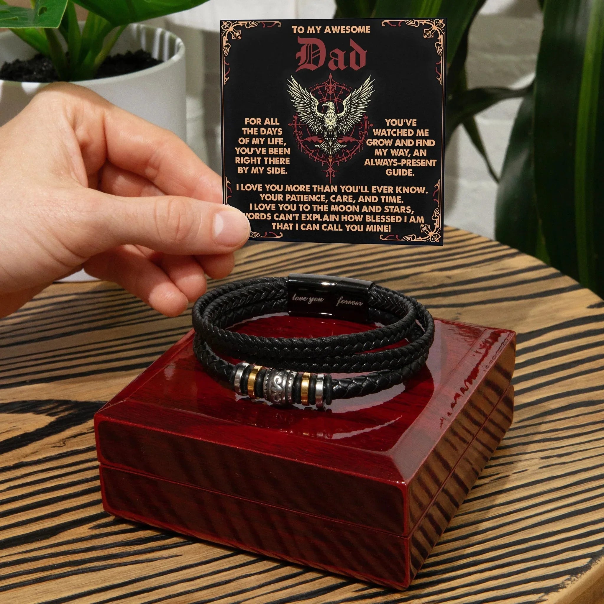 To My Awesome Dad Vegan Leather Bracelet Birthday, Father's Day Gift with Norse-Inspired “Always Present Guide" Message Card -