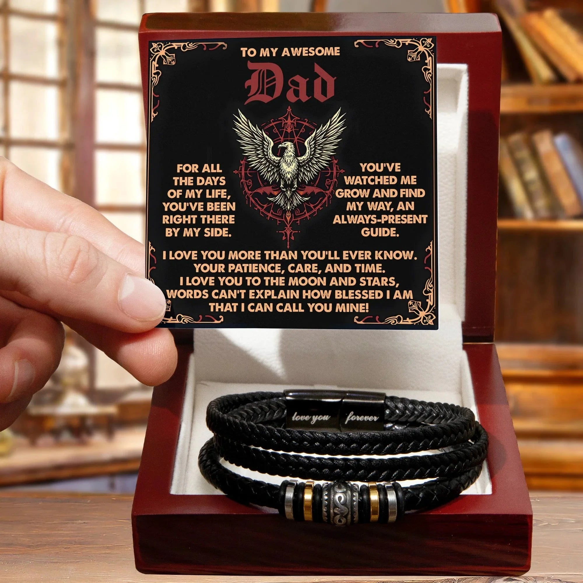 To My Awesome Dad Vegan Leather Bracelet Birthday, Father's Day Gift with Norse-Inspired “Always Present Guide" Message Card -