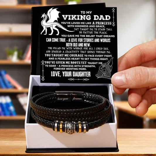 To My Viking Dad Vegan Leather Bracelet Birthday, Father's Day Gift from Daughter with Viking Dragon “Princess Strength” Message Card - Mallard Moon Gift Shop