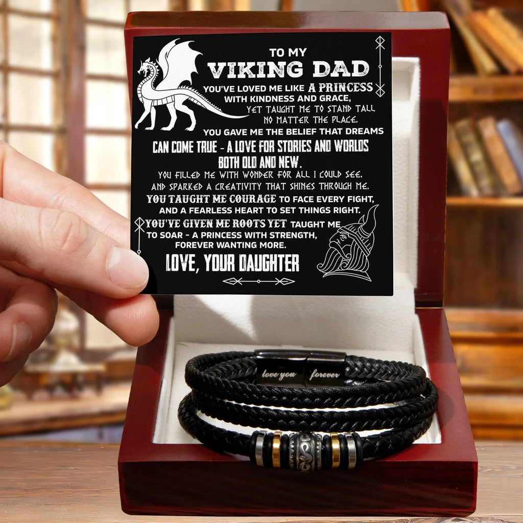 To My Viking Dad Vegan Leather Bracelet Birthday, Father's Day Gift from Daughter with Viking Dragon “Princess Strength” Message Card