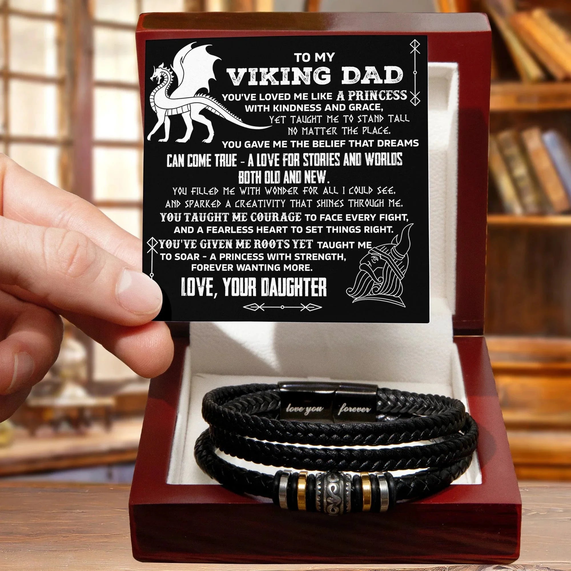 To My Viking Dad Vegan Leather Bracelet Birthday, Father's Day Gift from Daughter with Viking Dragon “Princess Strength” Message Card