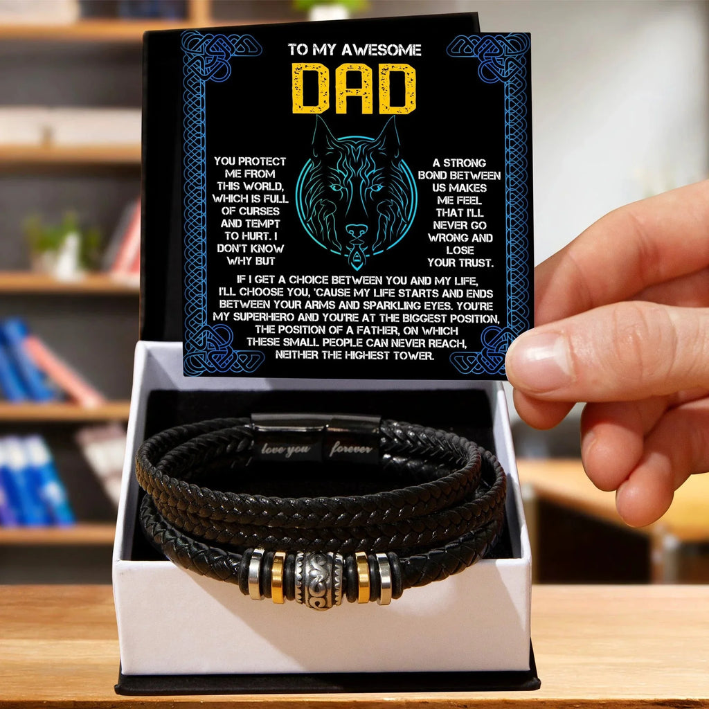My Warrior Dad - Father's Day Gift for Dad - Men's Braided Vegan Leather Bracelet with Quiet Strength Warrior Message Card