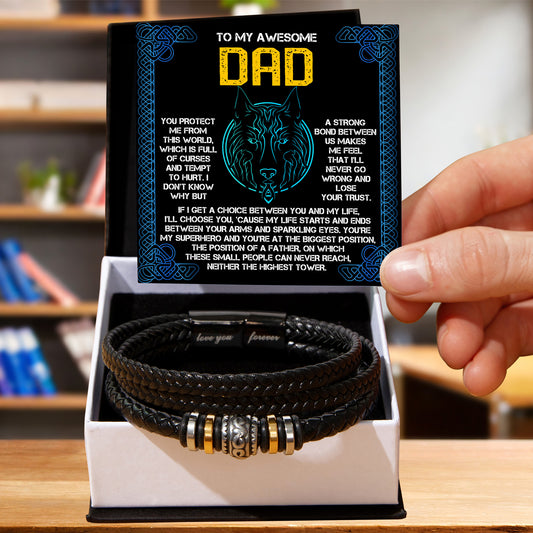 My Warrior Dad - Father's Day Gift for Dad - Men's Braided Vegan Leather Bracelet with Quiet Strength Warrior Message Card