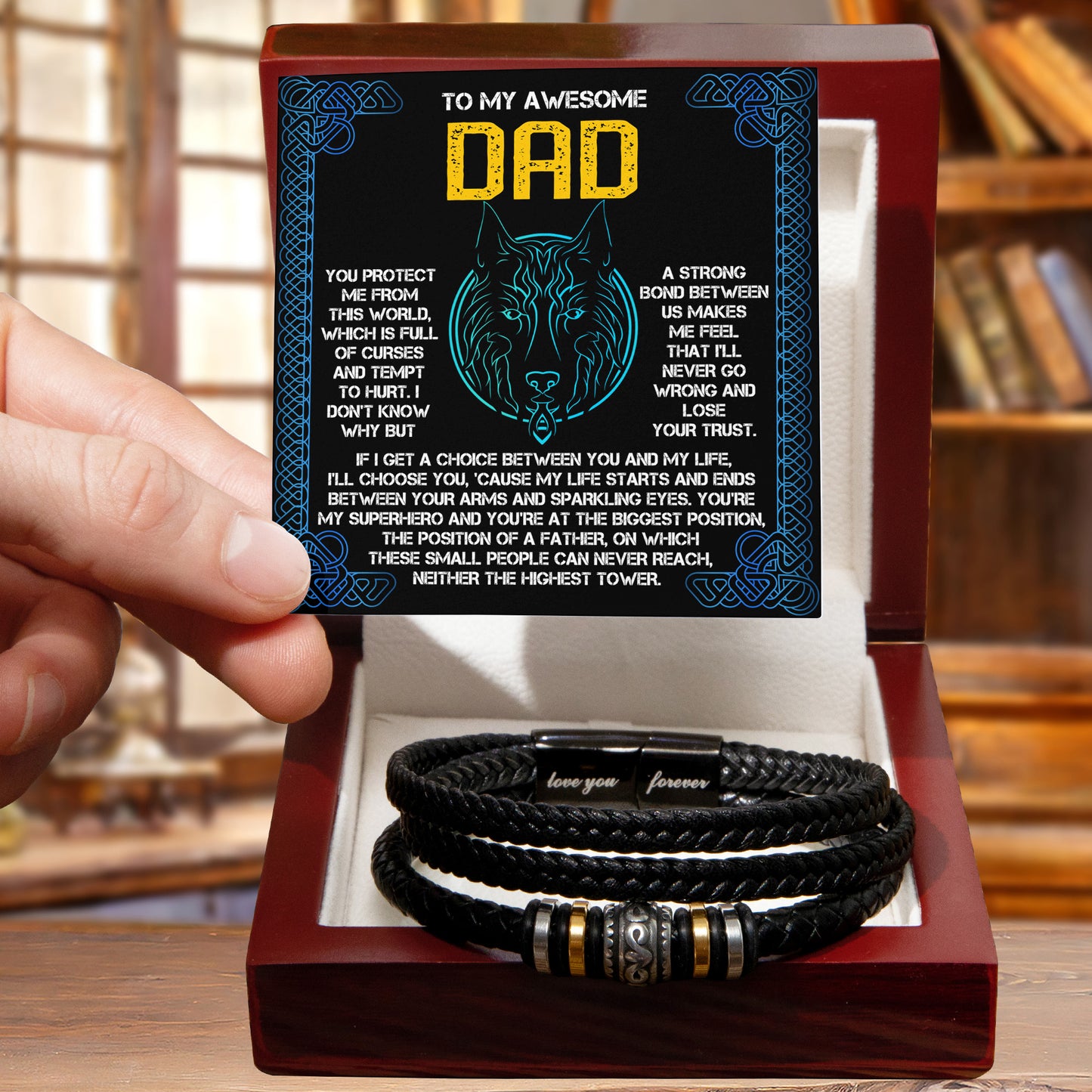 My Warrior Dad - Father's Day Gift for Dad - Men's Braided Vegan Leather Bracelet with Quiet Strength Warrior Message Card - Mallard Moon Gift Shop