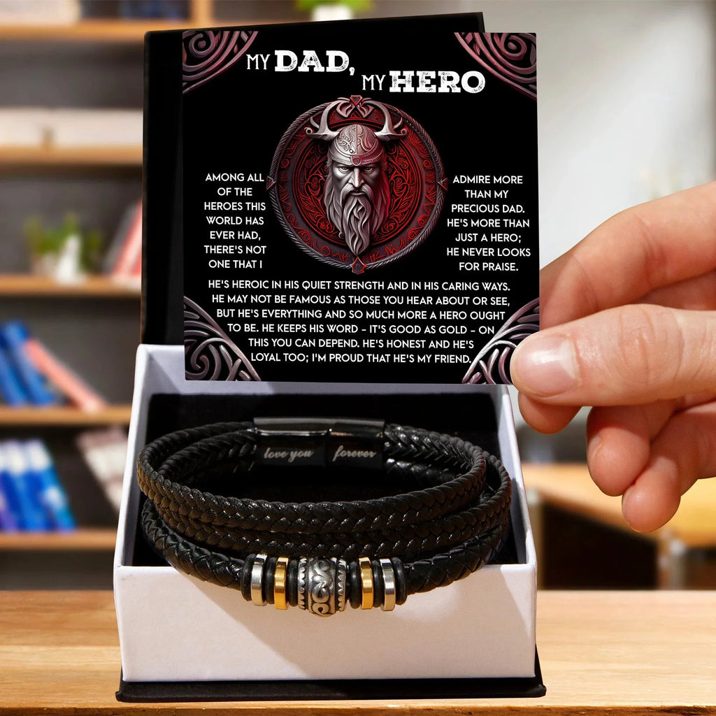 To My Dad, My Hero - Father's Day, Birthday Gift for Dad - Men's Vegan Leather Bracelet with Viking Quiet Strength Message Card