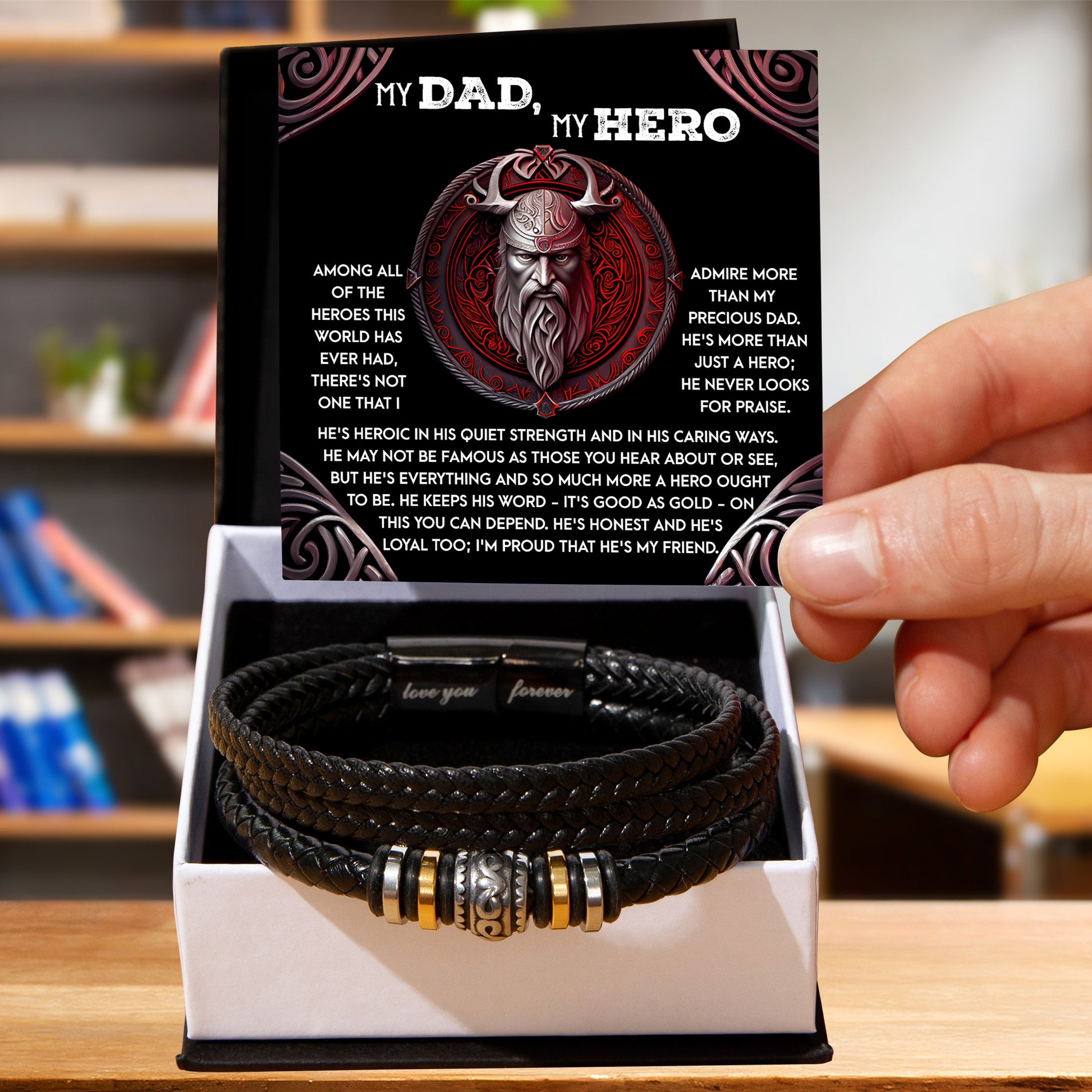 To My Dad, My Hero - Father's Day, Birthday Gift for Dad - Men's Vegan Leather Bracelet with Viking Quiet Strength Message Card - Mallard Moon Gift Shop