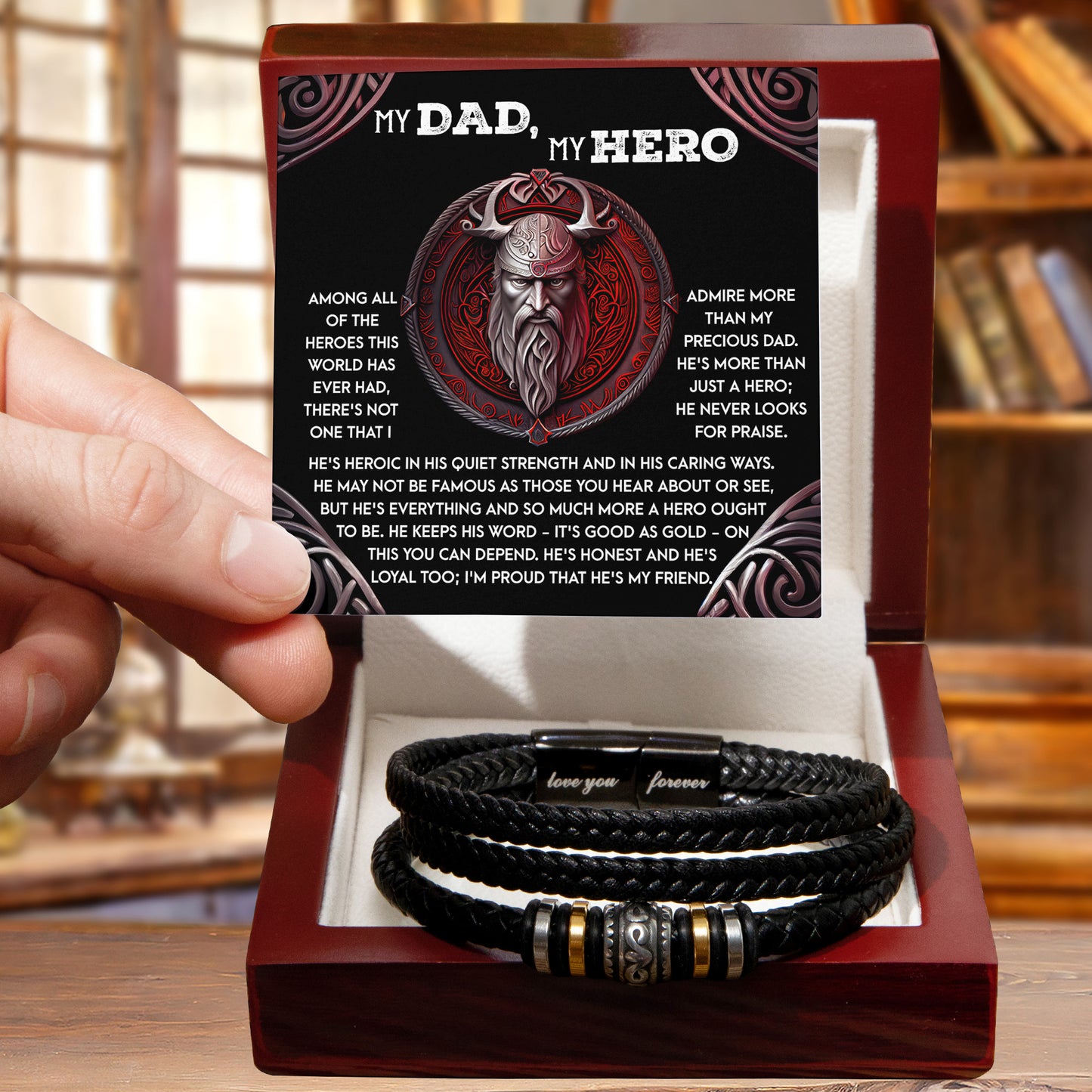 To My Dad, My Hero - Father's Day, Birthday Gift for Dad - Men's Vegan Leather Bracelet with Viking Quiet Strength Message Card - Mallard Moon Gift Shop