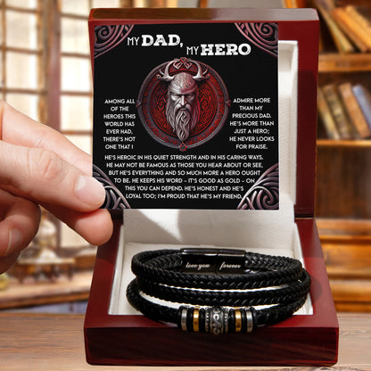 To My Dad, My Hero - Father's Day, Birthday Gift for Dad - Men's Vegan Leather Bracelet with Viking Quiet Strength Message Card - Mallard Moon Gift Shop