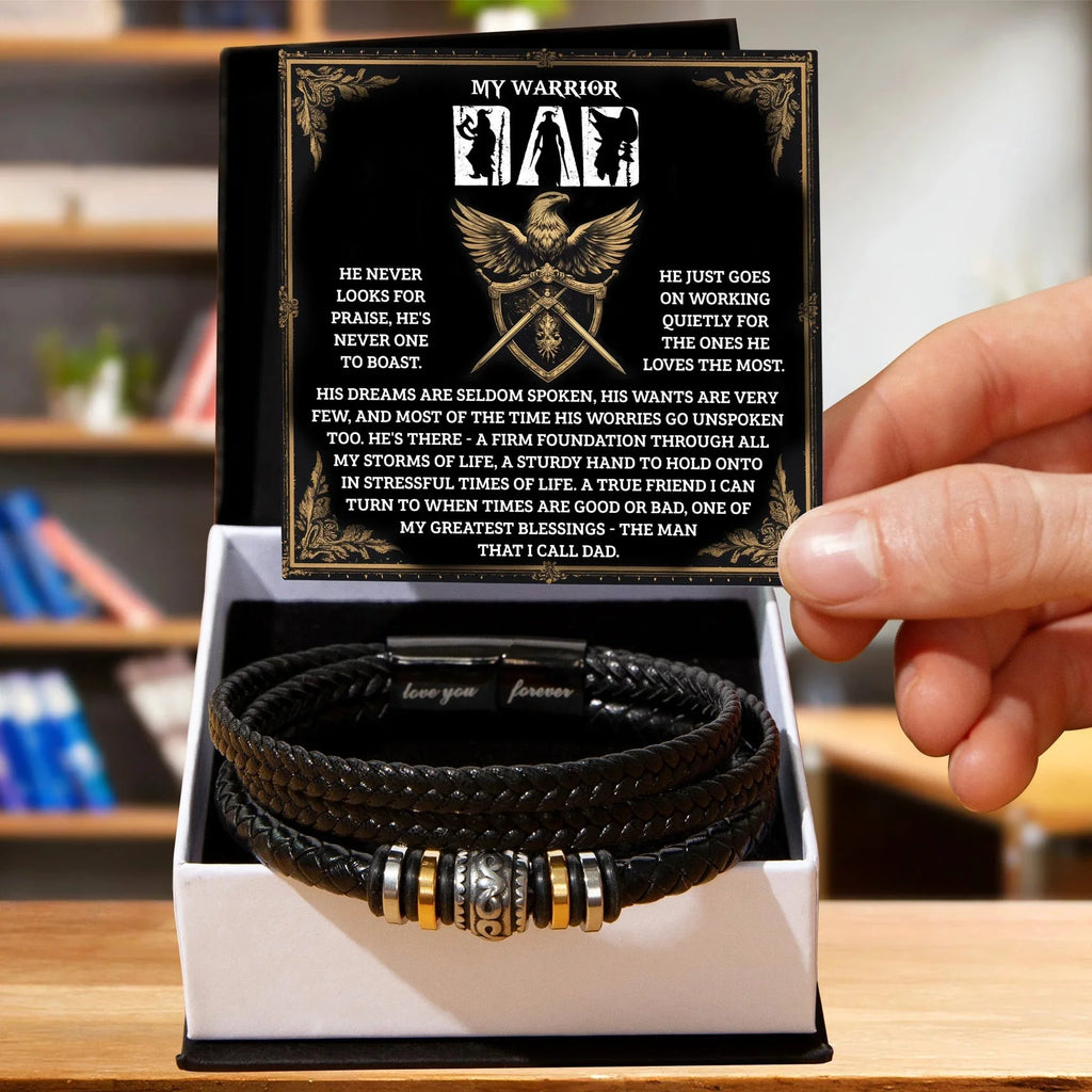 My Warrior Dad - Father's Day, Birthday Gift for Dad - Men's Braided Vegan Leather Bracelet with Quiet Strength Warrior Message Card
