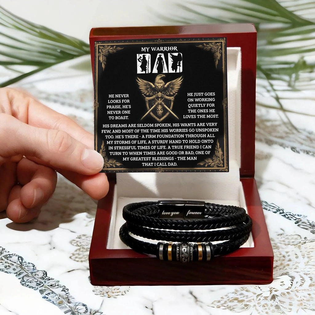 My Warrior Dad - Father's Day, Birthday Gift for Dad - Men's Braided Vegan Leather Bracelet with Quiet Strength Warrior Message Card