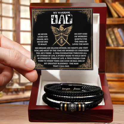 My Warrior Dad - Father's Day, Birthday Gift for Dad - Men's Braided Vegan Leather Bracelet with Quiet Strength Warrior Message Card - Mallard Moon Gift Shop