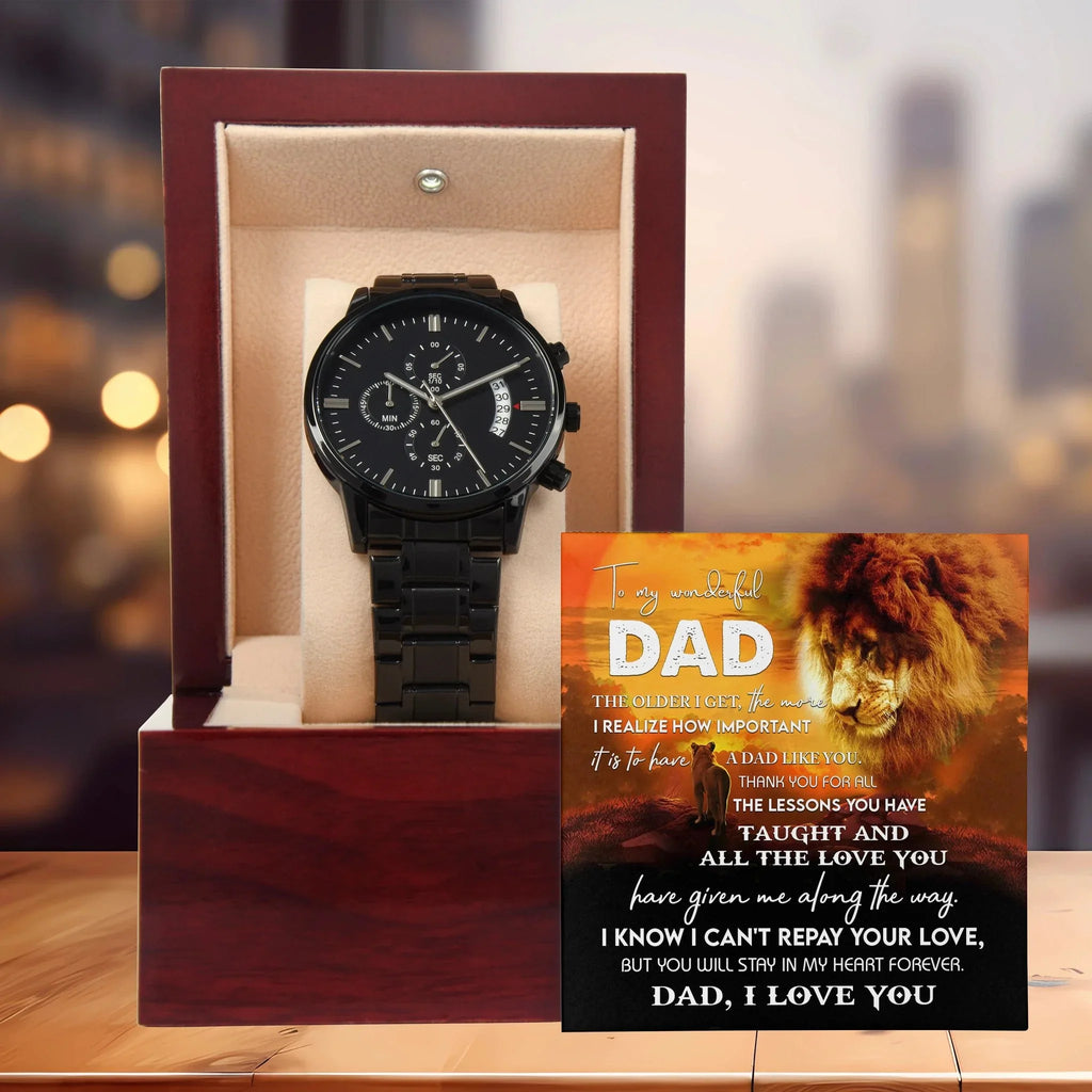 To My Dad Lion Chronograph Watch – Heartfelt Father's Day Gift from Son or Daughter – Black Steel Timepiece with Touching Message Card – "I Can't Repay Your Love, Dad, I Love You"