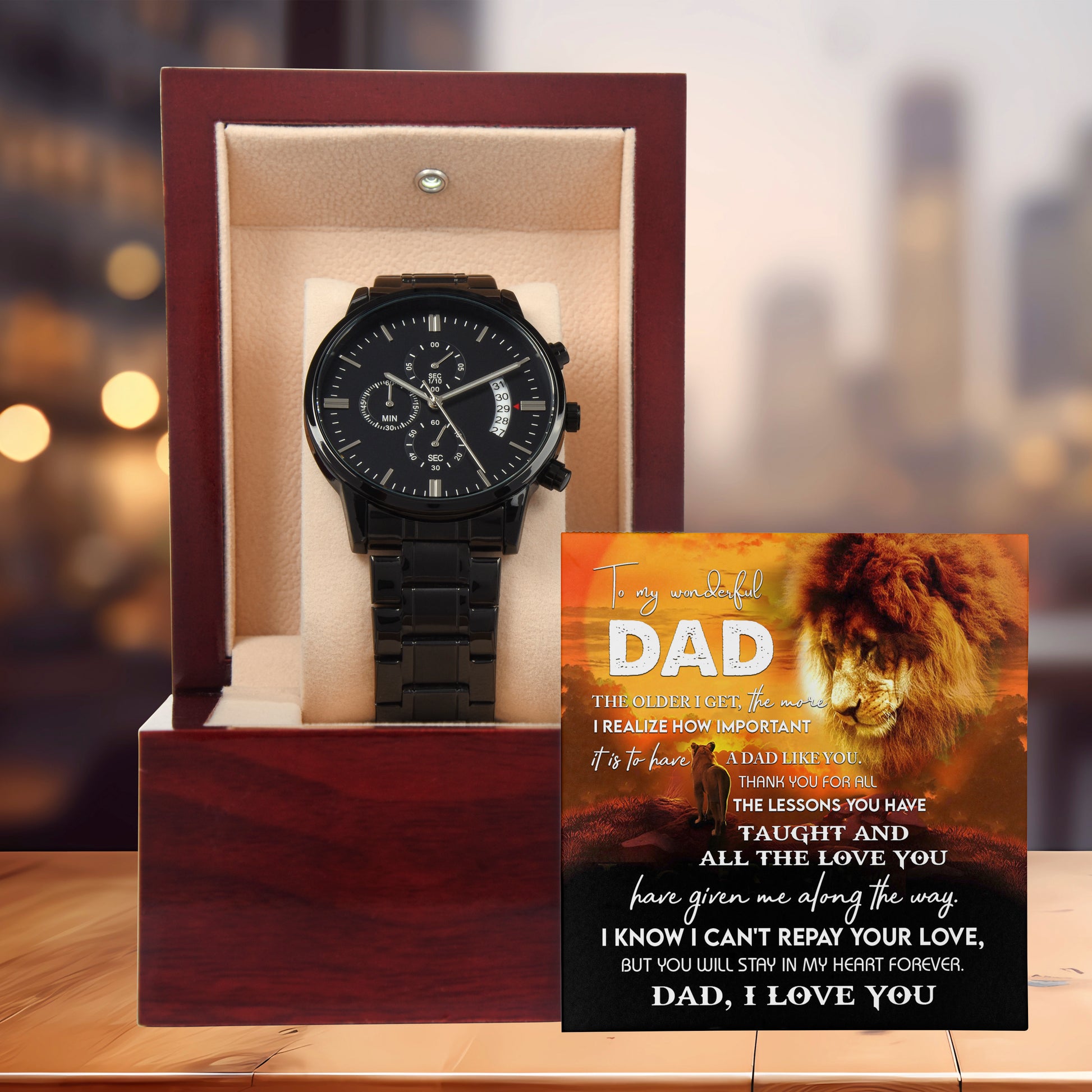 To My Dad Lion Chronograph Watch – Heartfelt Father's Day Gift from Son or Daughter – Black Steel Timepiece with Touching Message Card – "I Can't Repay Your Love, Dad, I Love You" - Mallard Moon Gift Shop