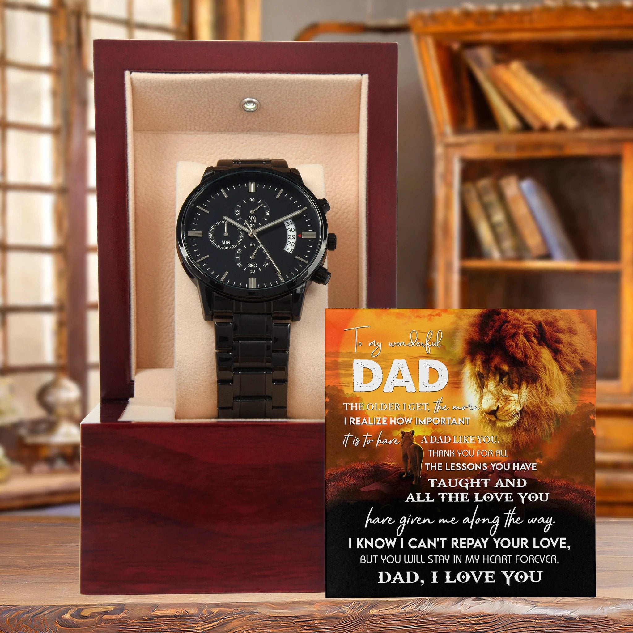 To My Dad Lion Chronograph Watch – Heartfelt Father's Day Gift from Son or Daughter – Black Steel Timepiece with Touching Message Card – "I Can't Repay Your Love, Dad, I Love You"