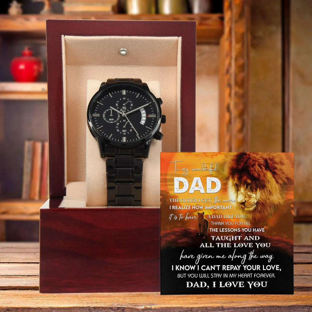 To My Dad Lion Chronograph Watch – Heartfelt Father's Day Gift from Son or Daughter – Black Steel Timepiece with Touching Message Card – "I Can't Repay Your Love, Dad, I Love You"