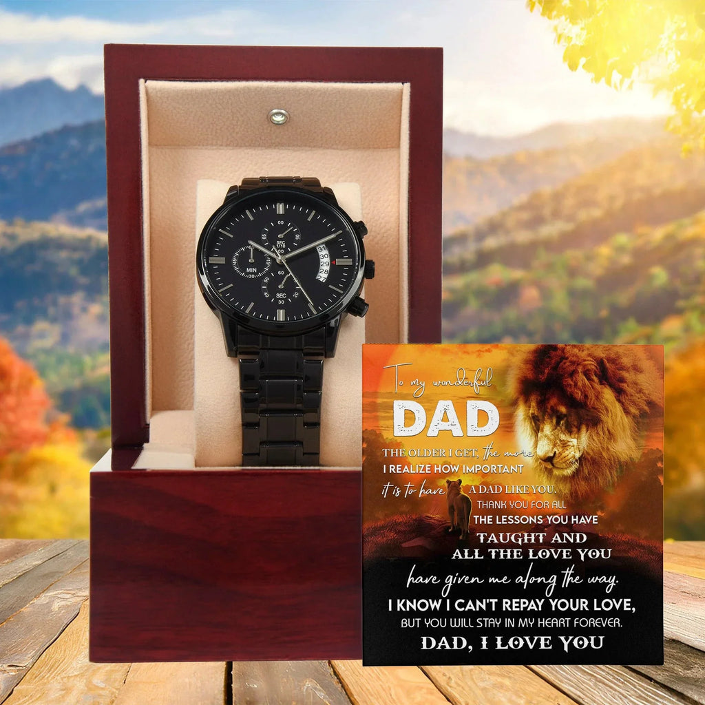 To My Dad Lion Chronograph Watch – Heartfelt Father's Day Gift from Son or Daughter – Black Steel Timepiece with Touching Message Card – "I Can't Repay Your Love, Dad, I Love You"