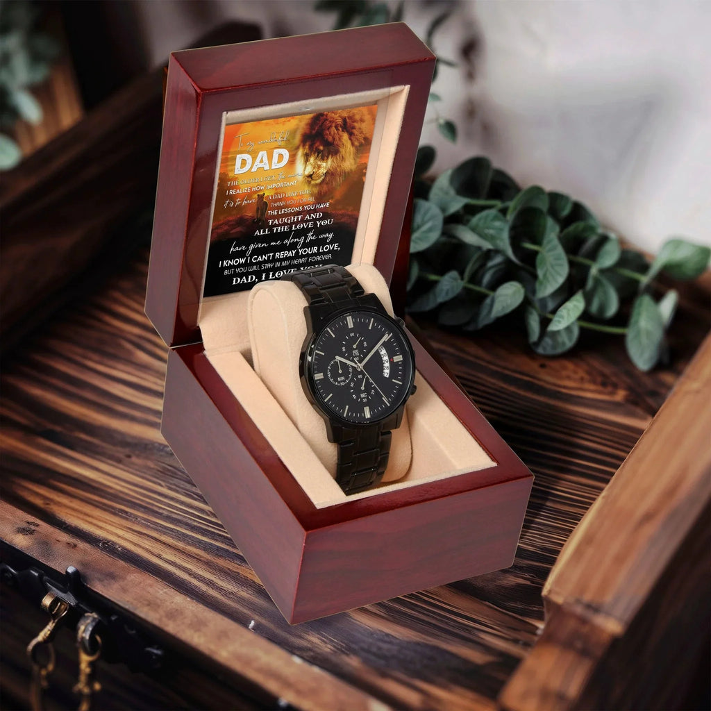 To My Dad Lion Chronograph Watch – Heartfelt Father's Day Gift from Son or Daughter – Black Steel Timepiece with Touching Message Card – "I Can't Repay Your Love, Dad, I Love You"