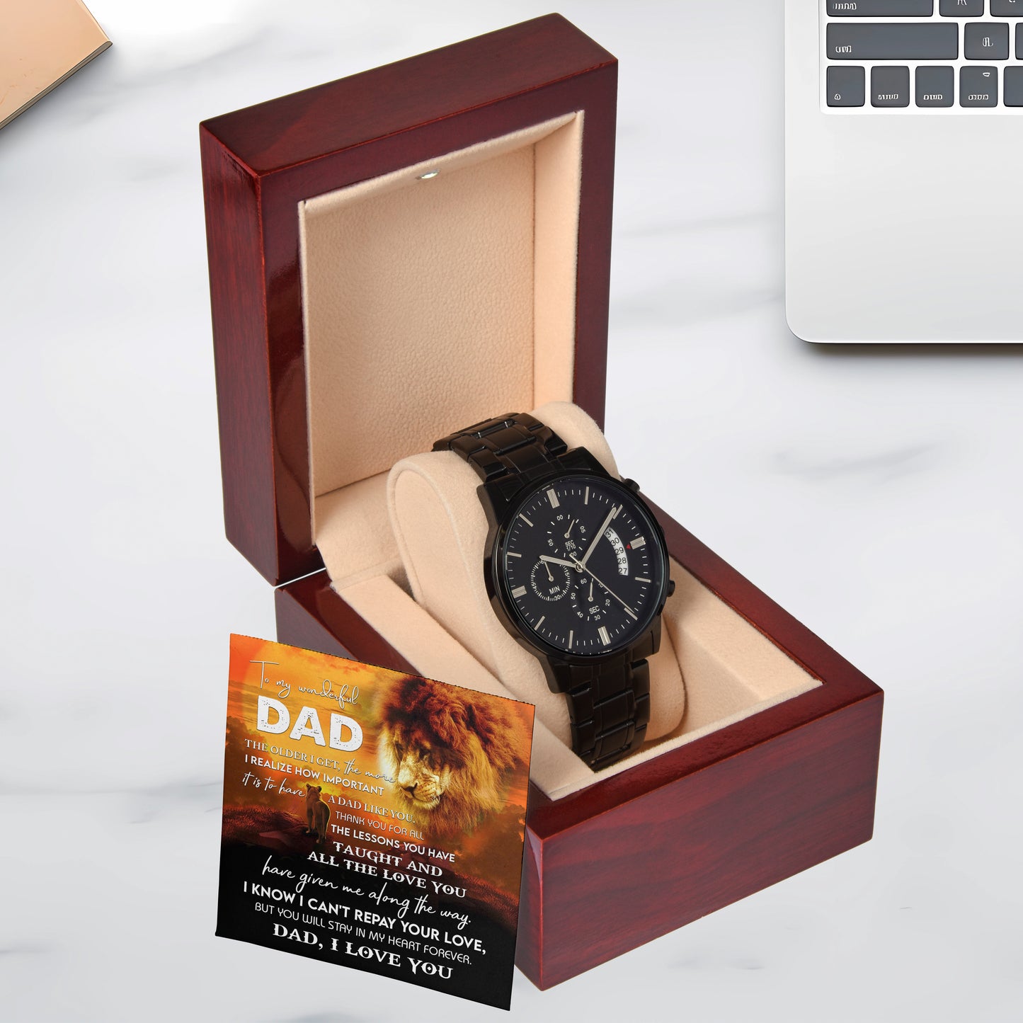 To My Dad Lion Chronograph Watch – Heartfelt Father's Day Gift from Son or Daughter – Black Steel Timepiece with Touching Message Card – "I Can't Repay Your Love, Dad, I Love You" - Mallard Moon Gift Shop