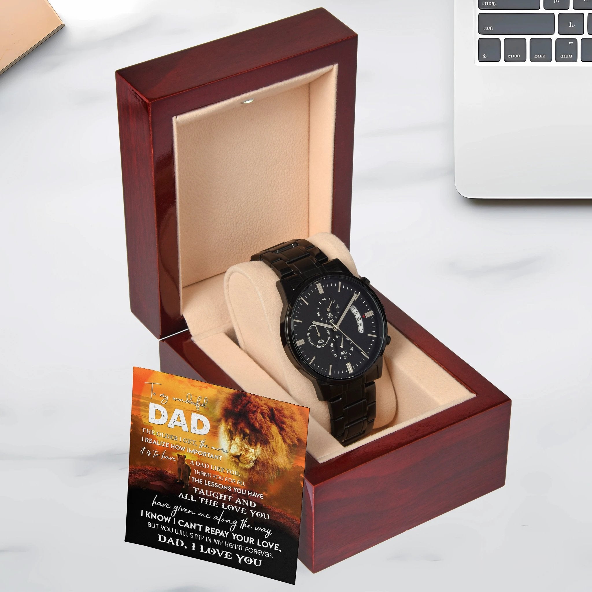 To My Dad Lion Chronograph Watch – Heartfelt Father's Day Gift from Son or Daughter – Black Steel Timepiece with Touching Message Card – "I Can't Repay Your Love, Dad, I Love You"