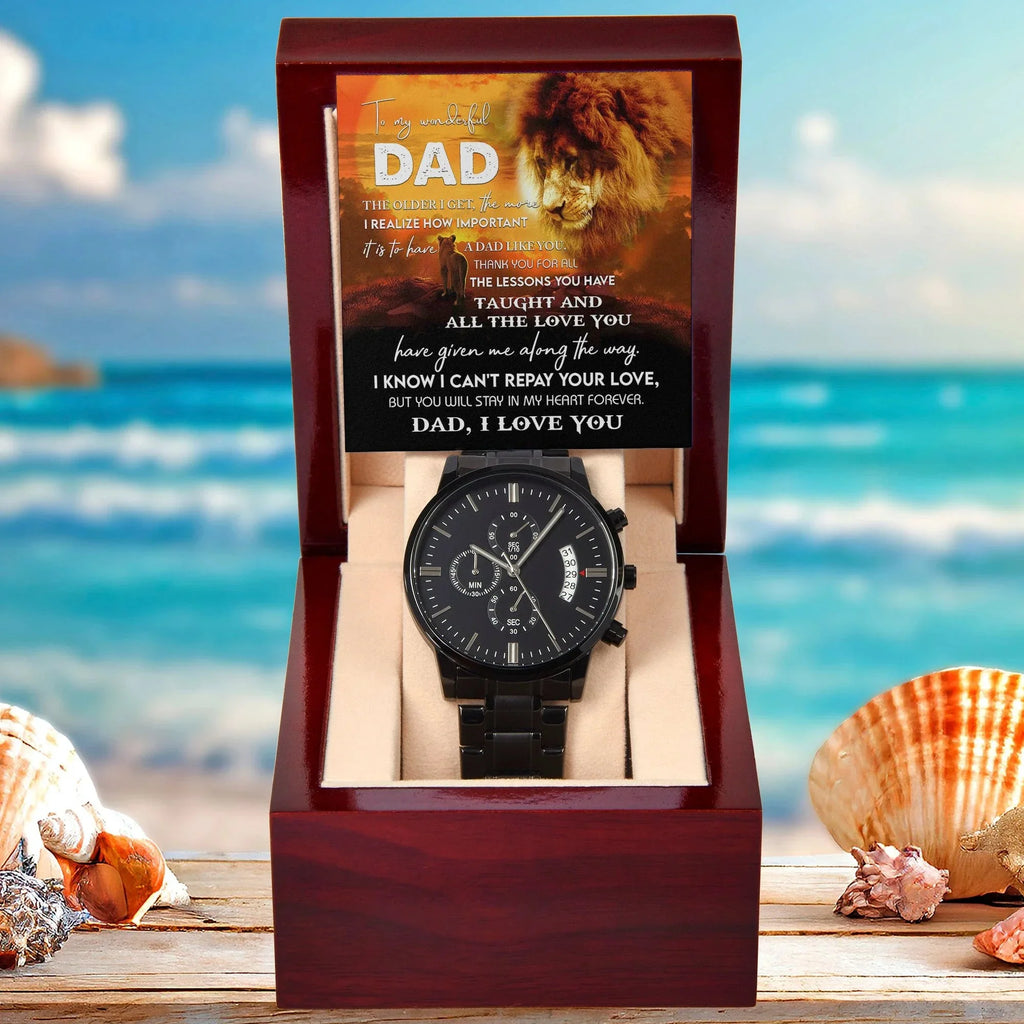 To My Dad Lion Chronograph Watch – Heartfelt Father's Day Gift from Son or Daughter – Black Steel Timepiece with Touching Message Card – "I Can't Repay Your Love, Dad, I Love You"