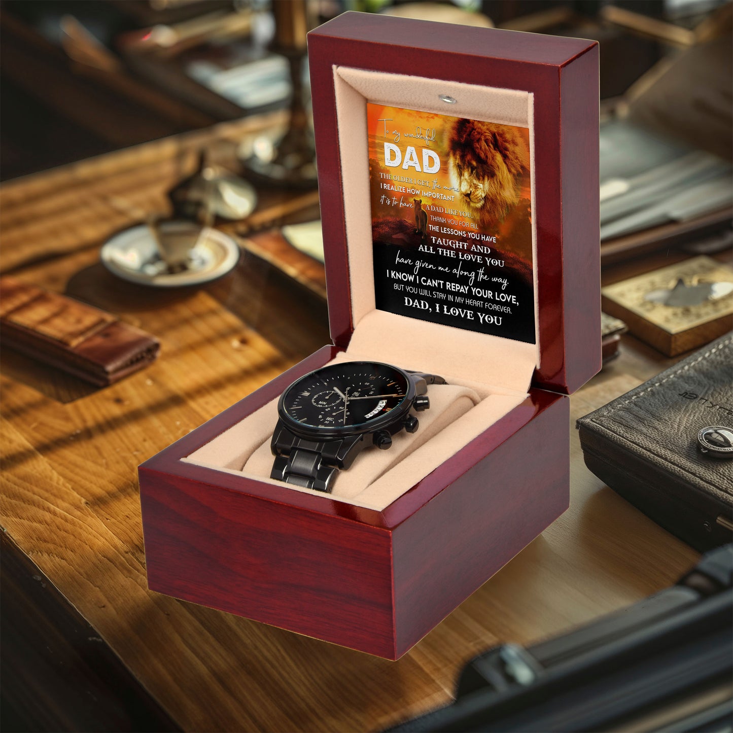 To My Dad Lion Chronograph Watch – Heartfelt Father's Day Gift from Son or Daughter – Black Steel Timepiece with Touching Message Card – "I Can't Repay Your Love, Dad, I Love You" - Mallard Moon Gift Shop