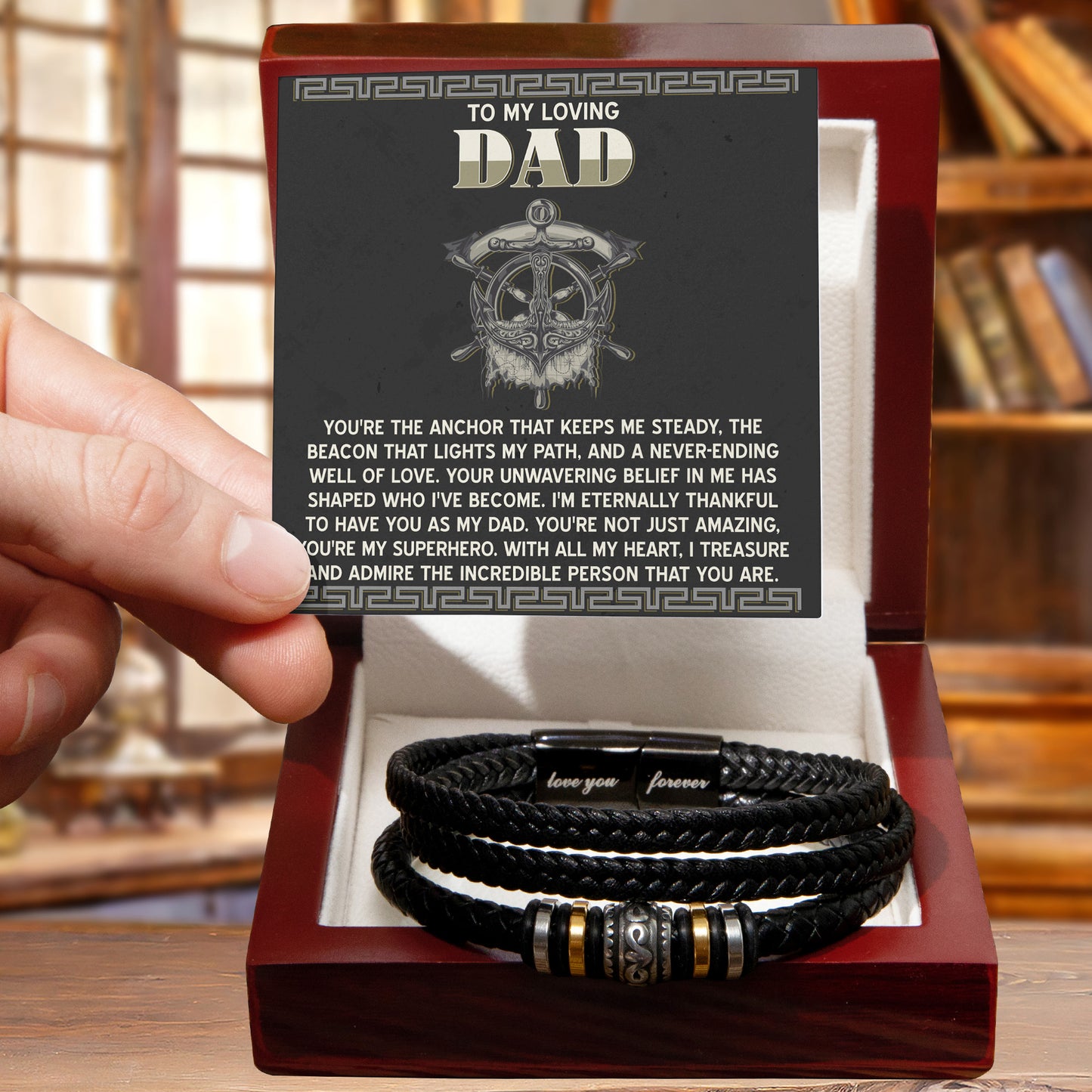 To My Loving Dad- Viking Anchor Braided Leather Bracelet with Inspirational Card - Father's Day, Birthday, or Christmas Gift for Dad from Son or Daughter - Mallard Moon Gift Shop