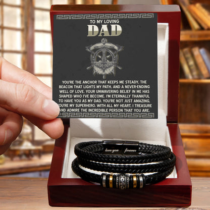 To My Loving Dad- Viking Anchor Braided Leather Bracelet with Inspirational Card - Father's Day, Birthday, or Christmas Gift for Dad from Son or Daughter - Mallard Moon Gift Shop
