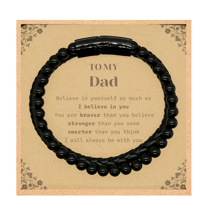 To My Dad Black Braided Leather Bracelet – Natural Stone Beads with Stainless Steel Clasp – Motivational Gift for Your Dad – 9 Inch Adjustable Bracelet for Men - Mallard Moon Gift Shop
