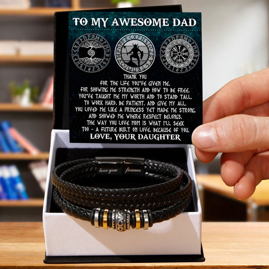 To My Awesome Dad Viking Strong Princess Braided Leather Bracelet Gift from Daughter - Norse Rune Strength & Love Message Gift for Father's Day Birthday or Christmas - Mallard Moon Gift Shop