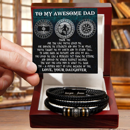 To My Awesome Dad Viking Strong Princess Braided Leather Bracelet Gift from Daughter - Norse Rune Strength & Love Message Gift for Father's Day Birthday or Christmas - Mallard Moon Gift Shop