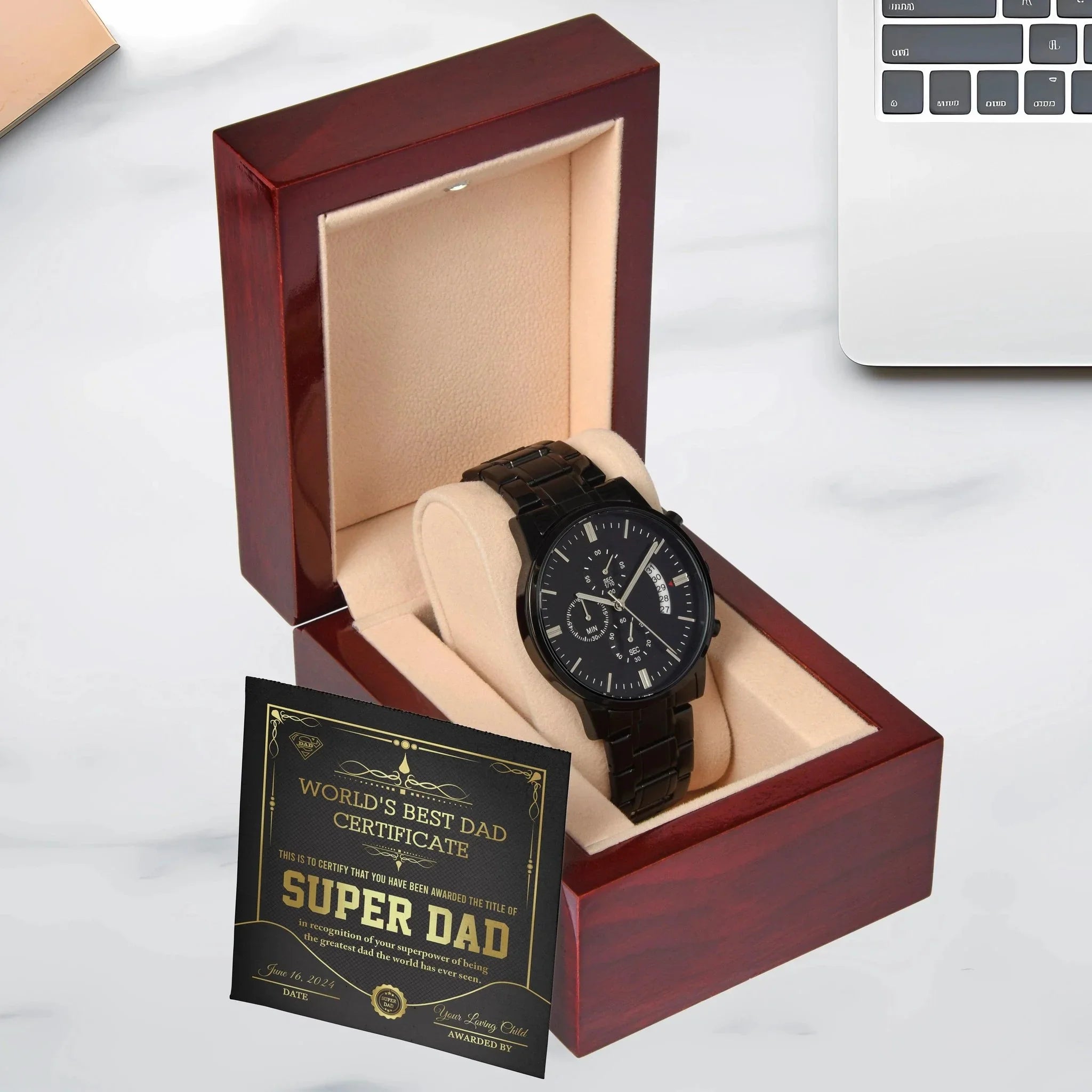 Dad Gift - Super Dad Certificate Black Chronograph Watch