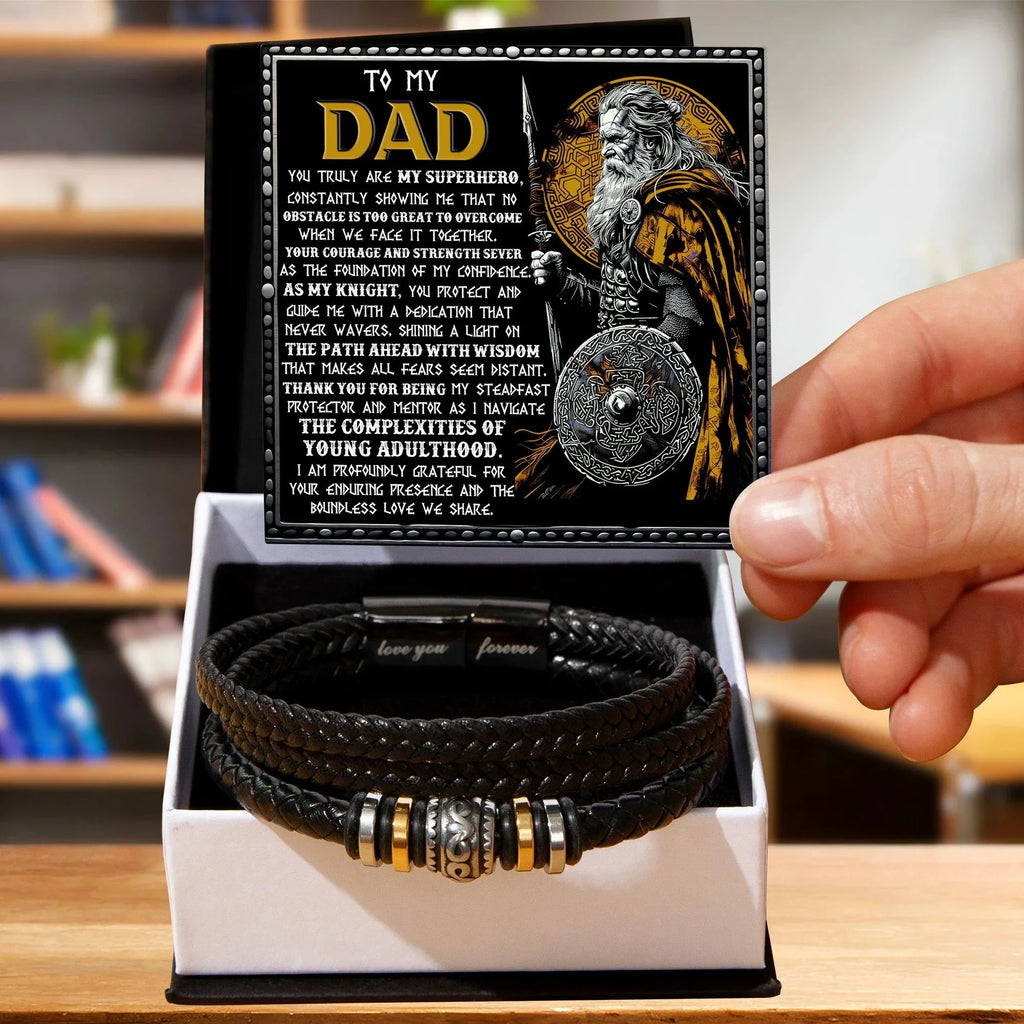 To My Dad Braided Leather Bracelet with Superhero Knight Viking Dad Message Card - Thoughtful Father's Day, Birthday Gift from Son or Daughter for Strong and Courageous Fathers