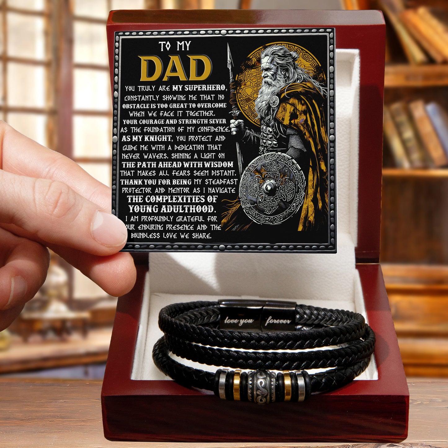 To My Dad Braided Leather Bracelet with Superhero Knight Viking Dad Message Card - Thoughtful Father's Day, Birthday Gift from Son or Daughter for Strong and Courageous Fathers - Mallard Moon Gift Shop