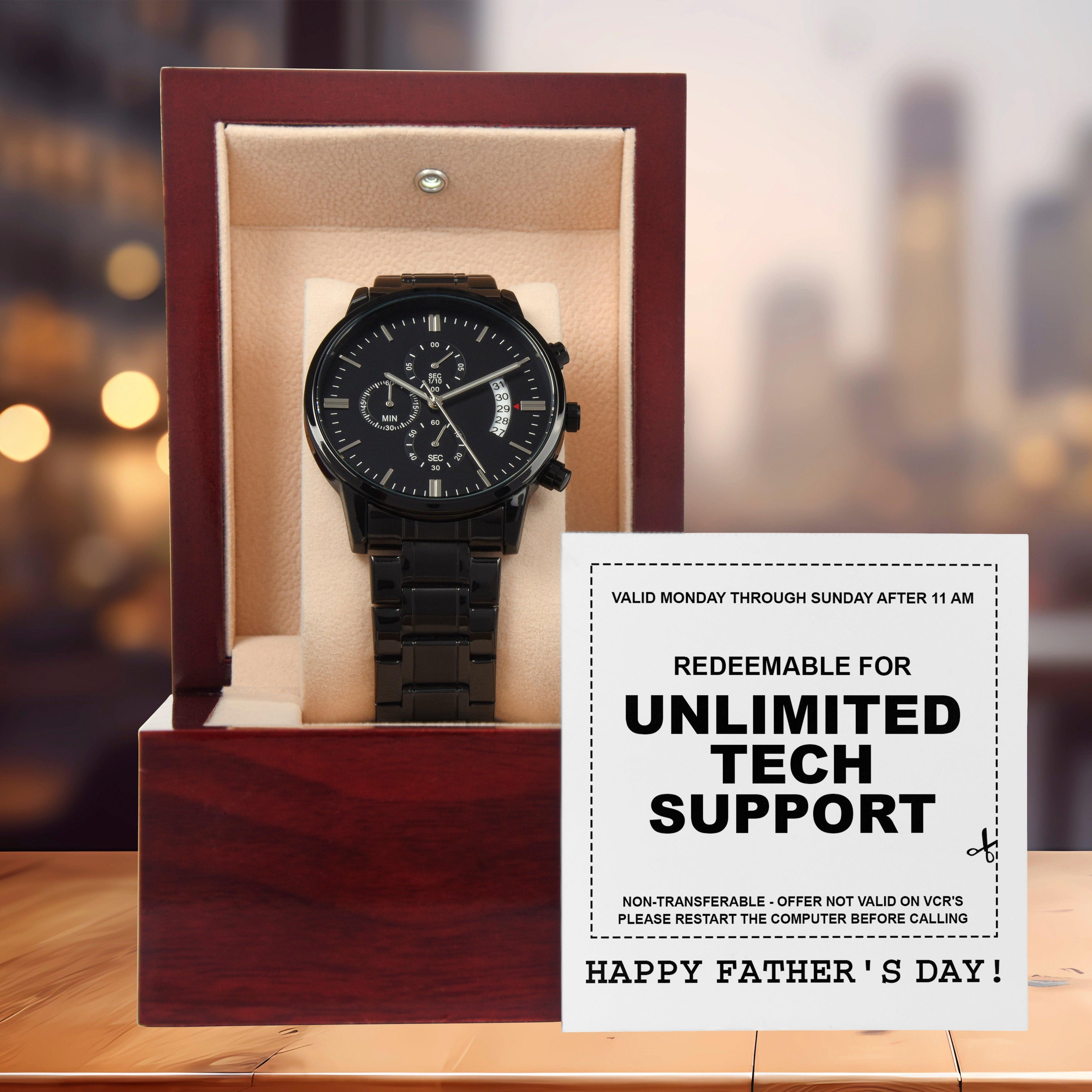 Gift for Dad - Redeem for Unlimited Tech Support - Black Chronograph Watch - Mallard Moon Gift Shop