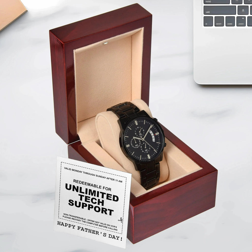 Gift for Dad - Redeem for Unlimited Tech Support - Black Chronograph Watch