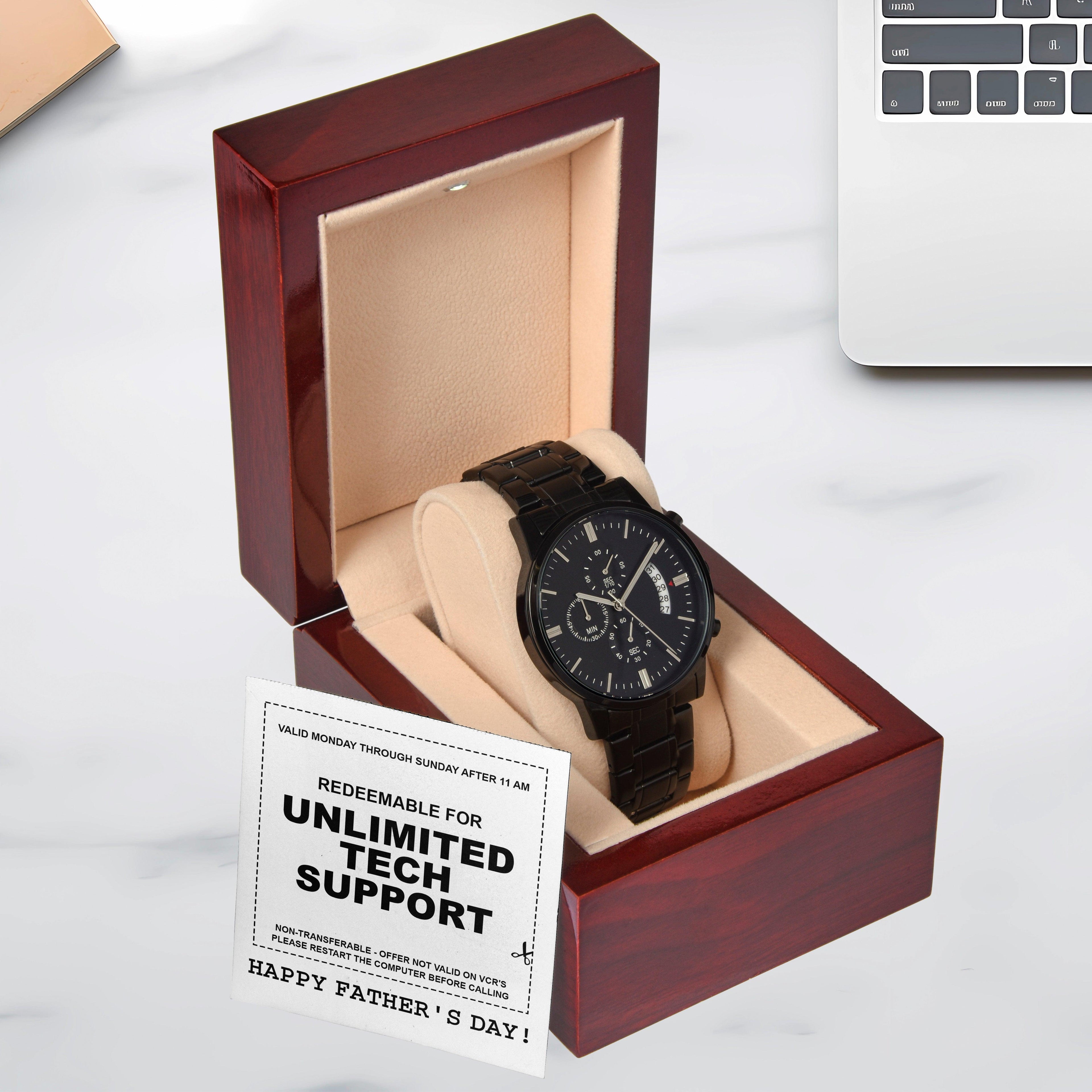 Gift for Dad - Redeem for Unlimited Tech Support - Black Chronograph Watch - Mallard Moon Gift Shop