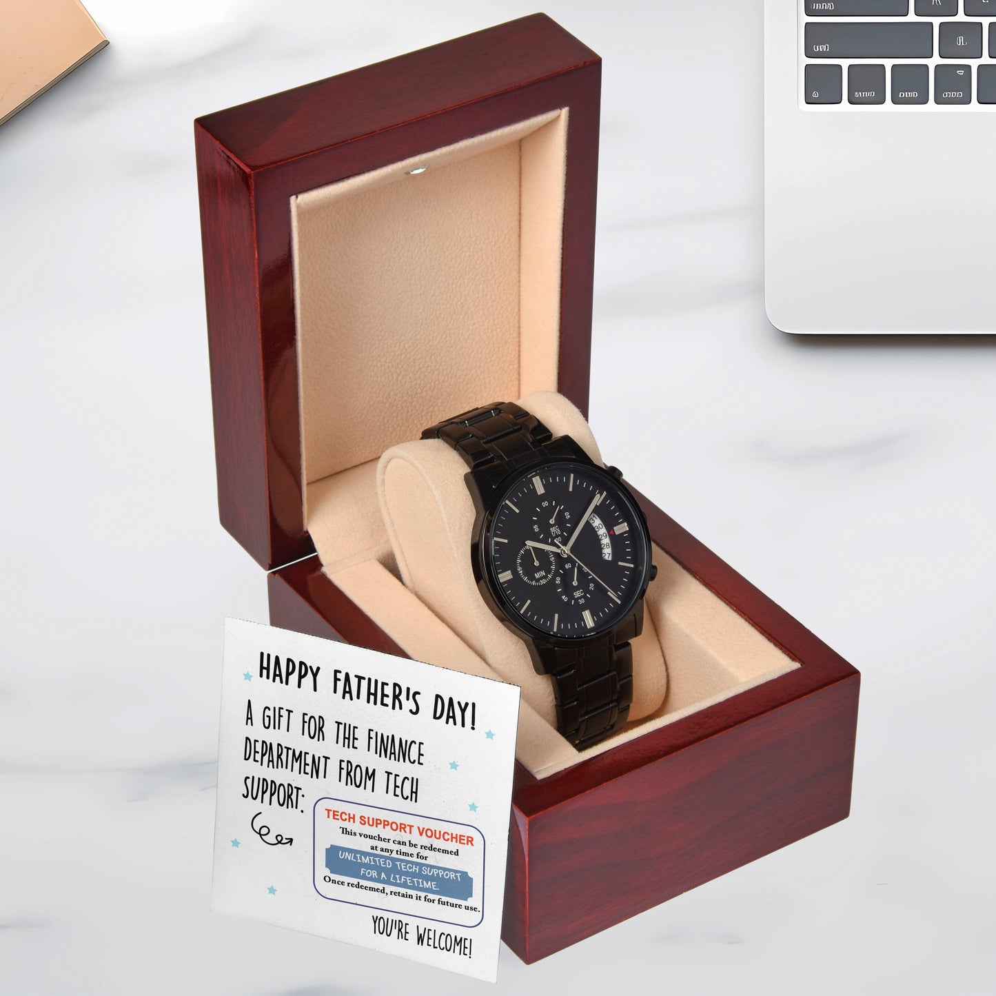 Dad Gift - Tech Support Voucher - Black Chronograph Watch - Mallard Moon Gift Shop