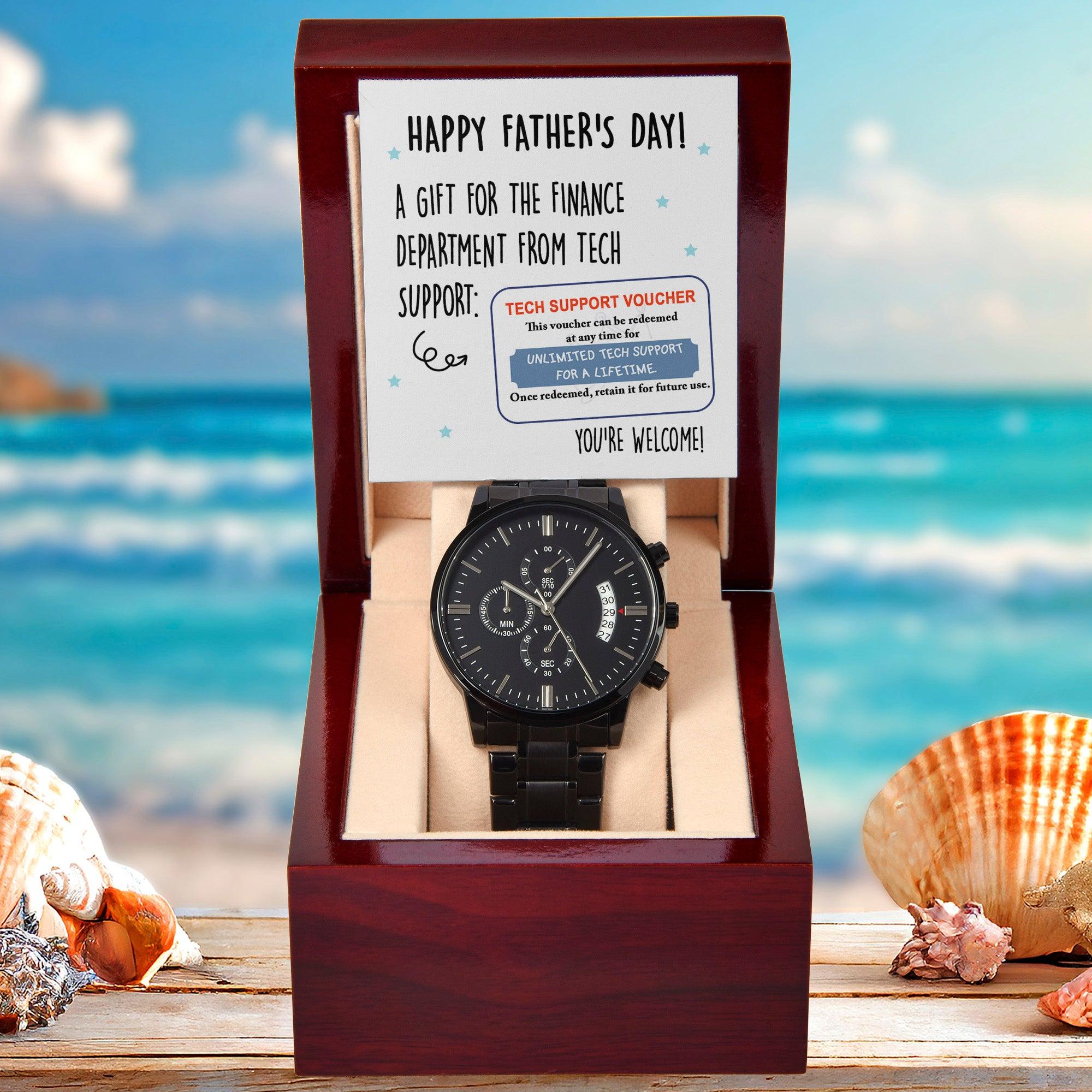 Dad Gift - Tech Support Voucher - Black Chronograph Watch - Mallard Moon Gift Shop