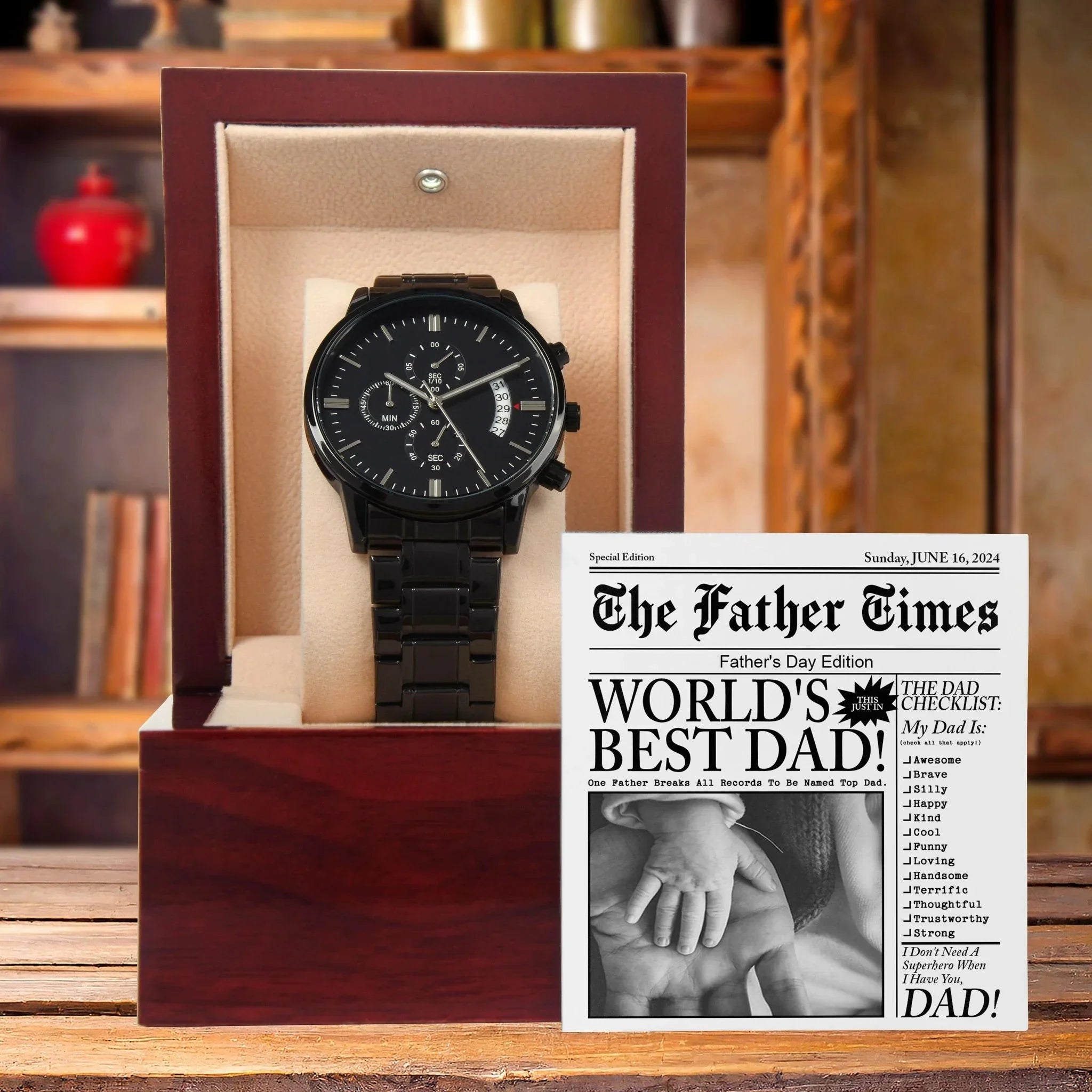 Dad Gift - Headline on The Father Times - World's Best Dad - Black Chronograph Watch