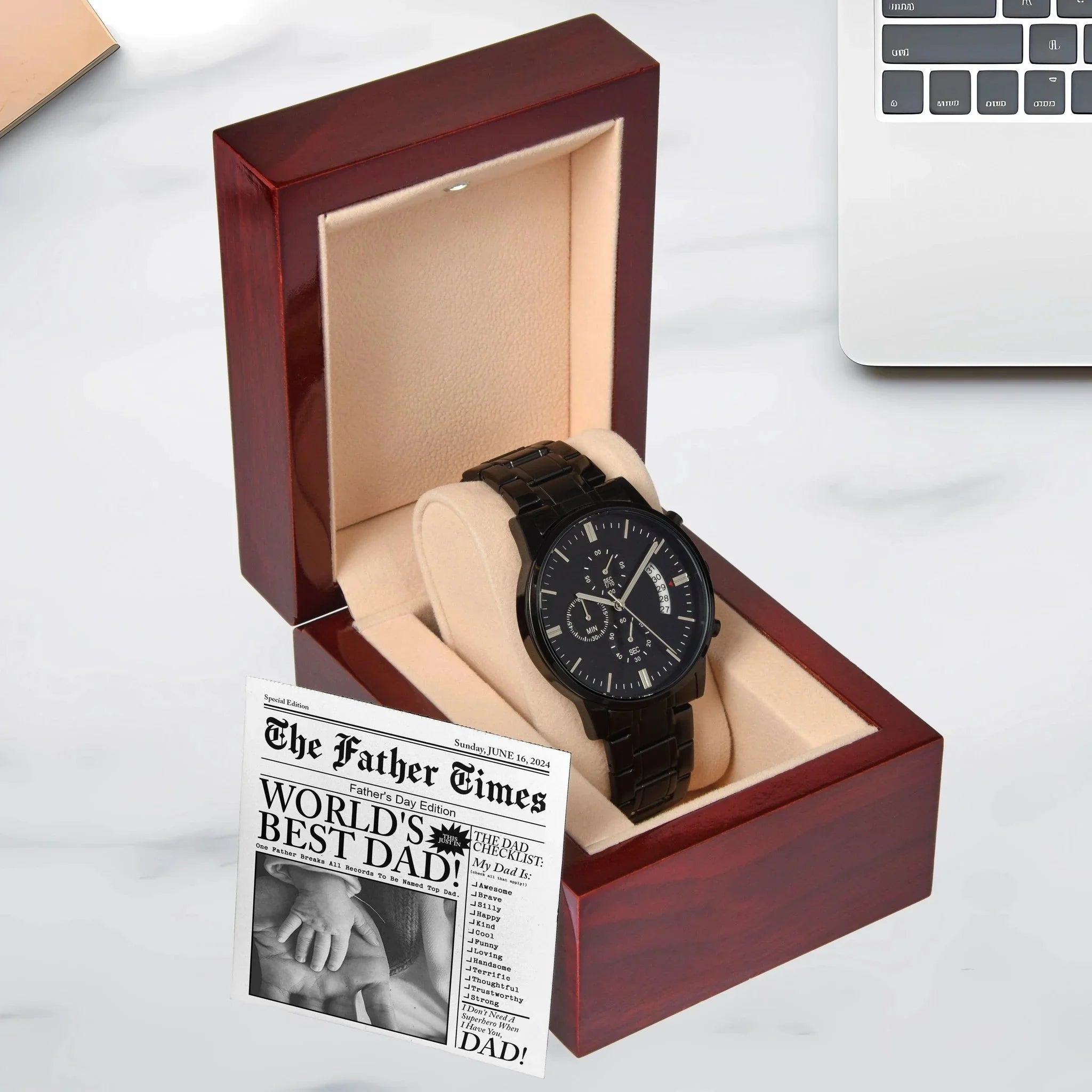 Dad Gift - Headline on The Father Times - World's Best Dad - Black Chronograph Watch