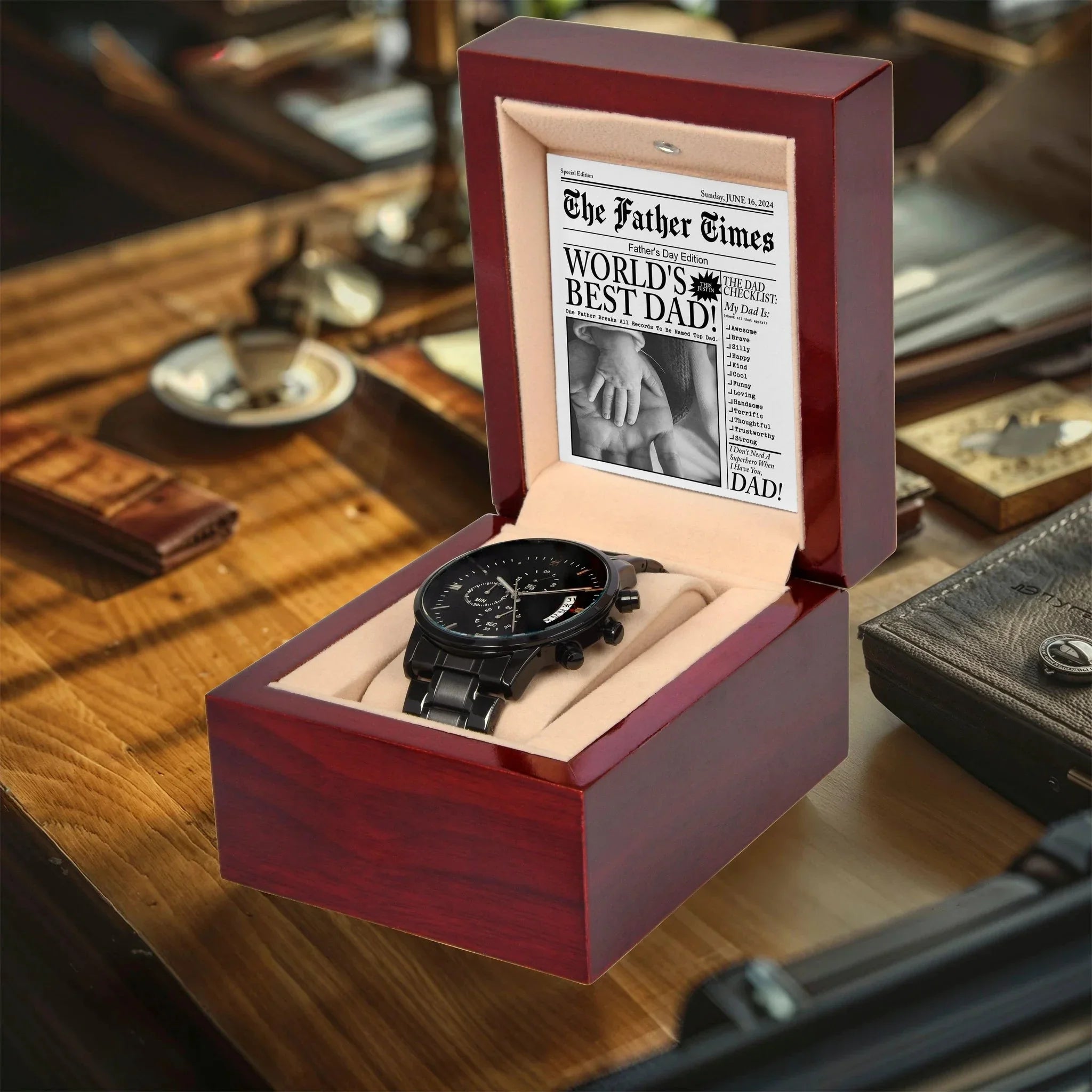 Dad Gift - Headline on The Father Times - World's Best Dad - Black Chronograph Watch
