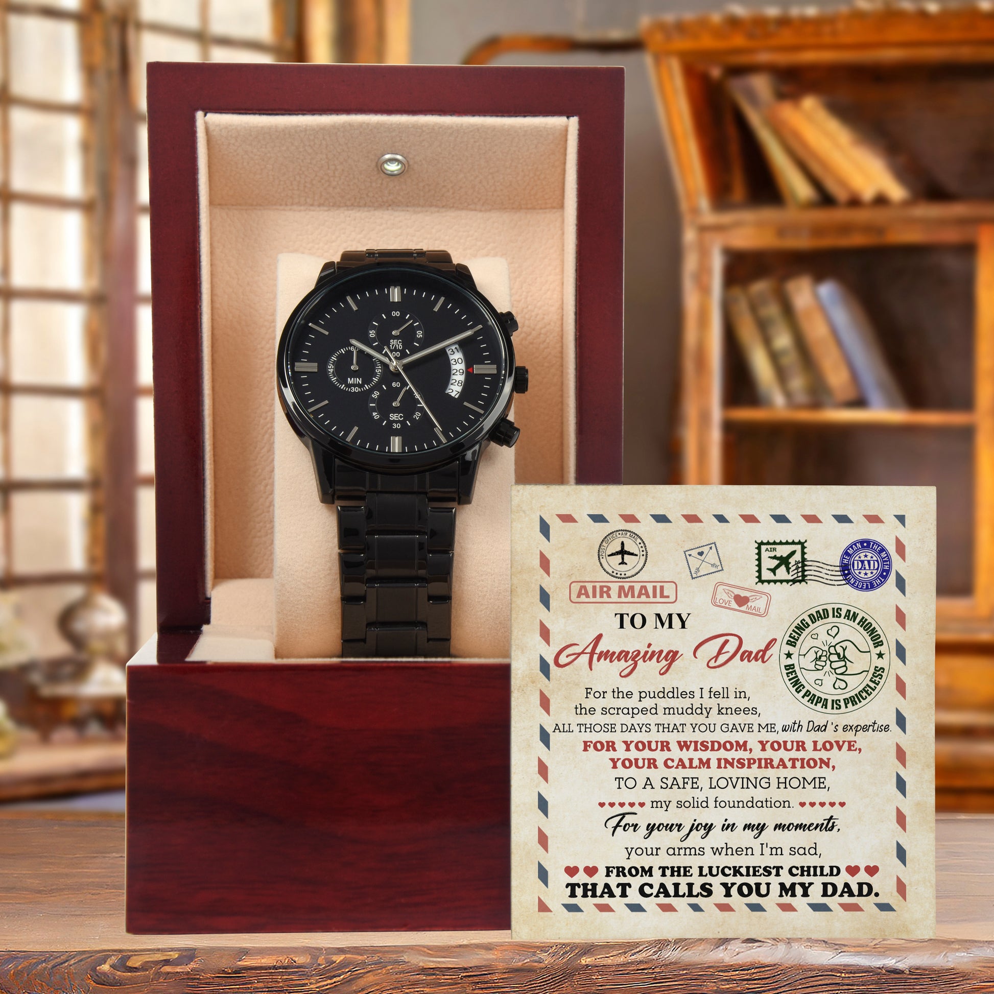 Air Mail Letter to Dad Chronograph Watch - From the Luckiest Child - Birthday, Father's Day Gift - Mallard Moon Gift Shop