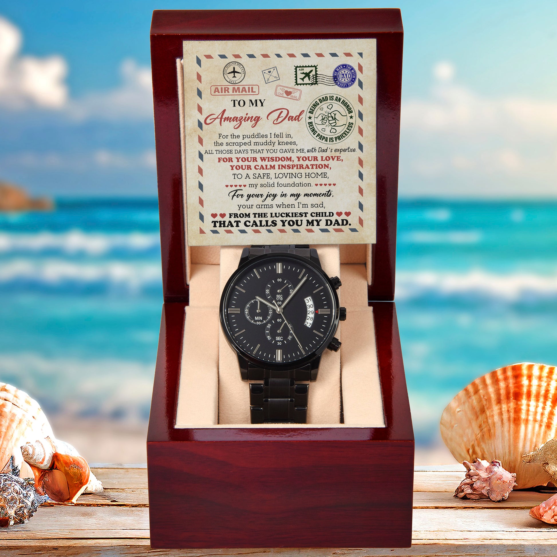 Air Mail Letter to Dad Chronograph Watch - From the Luckiest Child - Birthday, Father's Day Gift - Mallard Moon Gift Shop
