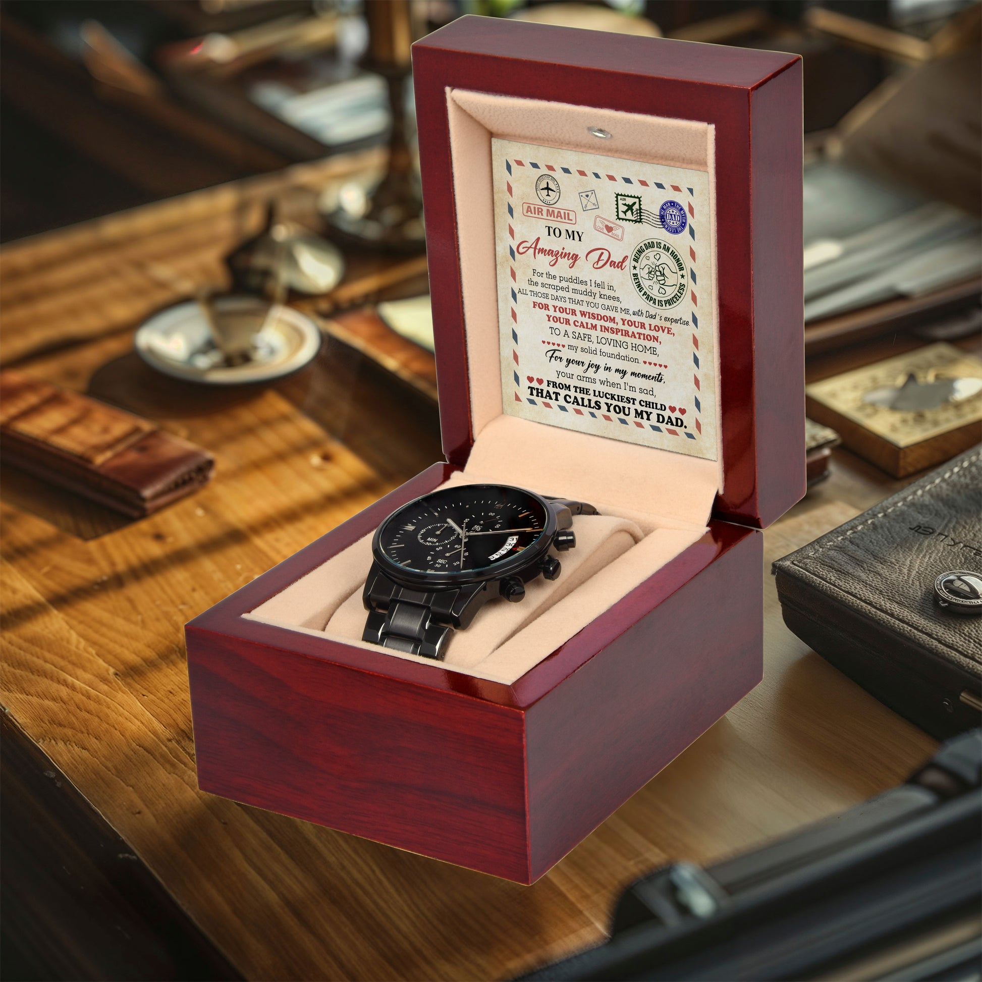 Air Mail Letter to Dad Chronograph Watch - From the Luckiest Child - Birthday, Father's Day Gift - Mallard Moon Gift Shop