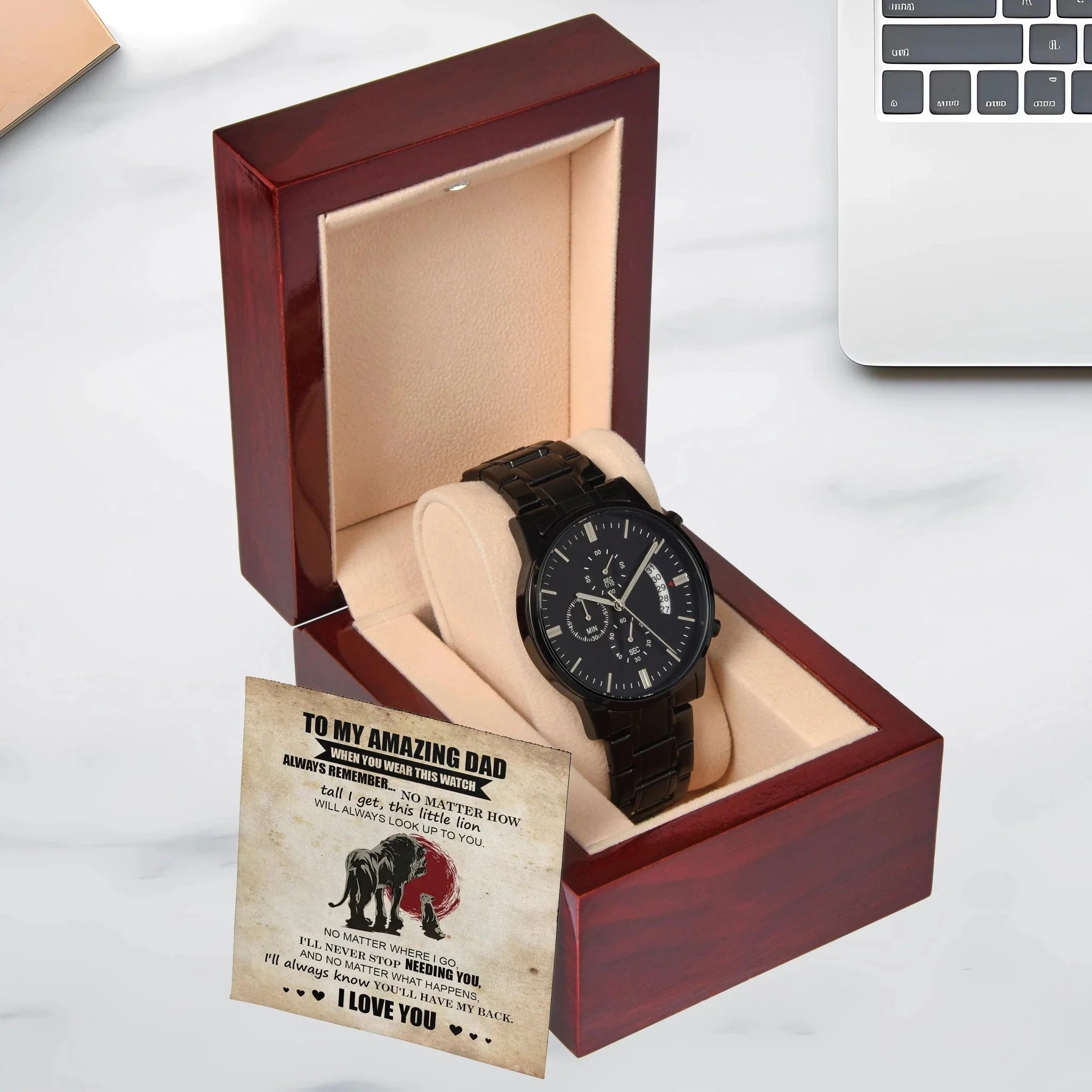 Dad Gift - This Little Lion Will Always Look Up to You - Black Chronograph Watch
